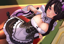  absurdres apron black_hair black_ribbon blush braid breasts cleavage dress dress_shoes elsa_granhilte female flower frills hair_flower hair_ornament highres indoors large_breasts licking_lips long_hair looking_at_viewer maid maid_headdress mole mole_under_eye pantyhose purple_eyes purple_flower purple_rose re:zero_kara_hajimeru_isekai_seikatsu relpama ribbon rose roswaal_mansion_maid_uniform smile solo tongue tongue_out underbust waist_apron 