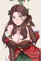  absurdres bare_shoulders breasts brown_gloves brown_hair choker christmas christmas_ornaments cleavage collarbone dorothea_arnault dorothea_arnault_(winter) earrings elbow_gloves female fire_emblem fire_emblem:_three_houses fire_emblem_heroes fire_emblem_warriors:_three_hopes fur_trim gloves green_choker green_eyes grin highres ikhwan_maulana jewelry large_breasts lips long_hair looking_at_viewer mistletoe mistletoe_hair_ornament official_alternate_costume official_alternate_hairstyle parted_lips smile solo star_(symbol) star_choker wavy_hair 