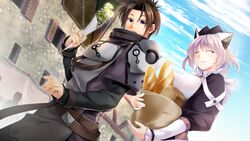  1boy ^_^ apron armor atelier-moo baguette belt black_hair bread breast_rest breasts closed_eyes closed_mouth female flower food frilled_apron frills hair_between_eyes hair_ornament highres holding holding_flower holding_food house ibis_(our_battle_has_just_begun!) large_breasts long_sleeves looking_at_viewer looking_down maid maid_apron narrow_waist oma_(our_battle_has_just_begun!) open_mouth our_battle_has_just_begun! puffy_long_sleeves puffy_sleeves short_hair sky smile standing town white_apron 