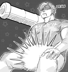  1boy bara english_text facial_hair from_below glowing_crotch greyscale implied_yaoi large_pectorals lewis_smith male_focus meiji_(meiji_nsfw) monochrome muscular muscular_male no_eyes pectorals shaded_face sideburns_stubble solo stubble thick_eyebrows unfinished yuuki_bakuhatsu_bang_bravern 