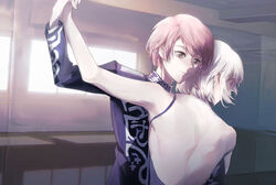  1boy androgynous back backless_dress backless_outfit blazer commentary crossdressing dancing dress eyelashes female highres holding_hands indoors jack_jeanne jacket kajimasaka looking_ahead pink_hair profile reverse_trap school_uniform shirota_mitsuki short_hair sidelighting smile strap strap_slip tachibana_kisa upper_body white_hair yellow_eyes 