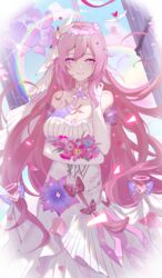  absurdly_long_hair absurdres adapted_costume arm_under_breasts bare_shoulders blue_sky bow breasts bridal_veil chinese_commentary collar collarbone commentary_request cowboy_shot diamond-shaped_pupils diamond_(shape) dress elbow_gloves elysia_(herrscher_of_human:_ego)_(honkai_impact) elysia_(honkai_impact) female flower gloves hair_between_eyes hair_ornament hairbow hairclip hand_in_own_hair head_wreath highres holding holding_flower honkai_(series) honkai_impact_3rd large_breasts long_dress long_hair multiple_hair_bows pink_flower pink_hair pink_pupils pointy_ears purple_bow purple_eyes purple_flower qiuqiuku rainbow sky smile solo standing straight-on strapless strapless_dress symbol-shaped_pupils veil very_long_hair white_collar white_dress white_gloves white_veil 