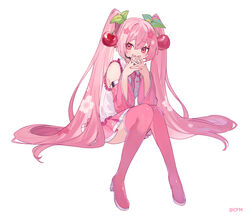  bare_shoulders boots cherry_blossom_print cherry_hair_ornament commentary copyright_notice covering_own_mouth detached_sleeves female figure_available floral_print food-themed_hair_ornament full_body hair_ornament hair_spread_out hand_to_own_mouth hatsune_miku hatsune_miku_(noodle_stopper) headset high_heels invisible_chair long_hair miniskirt necktie noodle_stopper official_art own_hands_together pink_eyes pink_footwear pink_hair pink_nails pink_necktie pink_skirt pink_sleeves pink_thighhighs pleated_skirt sakura_miku shirt shugao sideways_glance simple_background sitting skirt sleeveless sleeveless_shirt solo thigh_boots thighhighs twintails very_long_hair vocaloid white_background white_shirt 