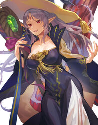  breasts butterfly_wings cosplay fairy_wings female fire_emblem fire_emblem_heroes grey_hair hair_vines halloween halloween_costume hat highres insect_wings ko-fi_commission large_breasts official_alternate_costume picnicic plant plant_hair plumeria_(fire_emblem) pointy_ears red_eyes rhea_(fire_emblem) rhea_(fire_emblem)_(cosplay) rhea_(halloween)_(fire_emblem) solo vines wings witch witch_hat 