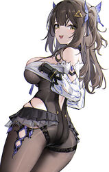  absurdres ass bare_shoulders black_gloves black_pantyhose breasts brown_hair butterfly_hair_ornament detached_sleeves female gloves hair_ornament highres hundun_no_bifang large_breasts long_hair looking_at_viewer looking_back official_alternate_costume pantyhose simple_background siris_(snowbreak) smile snowbreak:_containment_zone solo white_background yellow_eyes 