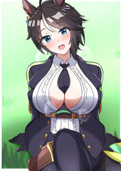  ahoge animal_ears arm_support arn7 belt between_breasts black_hair black_jacket black_necktie black_pants blue_eyes blush breasts brown_belt center_frills cleavage collared_shirt commentary_request ear_ornament ear_piercing female frilled_shirt frills fuji_kiseki_(umamusume) gloves hair_between_eyes head_tilt highres horse_ears horse_girl horse_tail jacket large_breasts long_sleeves looking_at_viewer multicolored_hair necktie necktie_between_breasts on_grass open_clothes open_jacket open_mouth pants partial_commentary piercing shirt short_hair sidelocks sitting solo tail teeth umamusume underbust upper_teeth_only white_hair white_shirt 