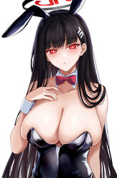  absurdres animal_ears bare_shoulders black_hair black_leotard blue_archive blunt_bangs blush bow bowtie breasts bright_pupils cleavage collarbone detached_collar female hair_ornament hairclip halo highres leotard long_hair looking_at_viewer parted_lips playboy_bunny rabbit_ears rain_(rain910) red_eyes ringed_eyes rio_(blue_archive) simple_background solo straight_hair strapless strapless_leotard very_long_hair white_background white_pupils wrist_cuffs 