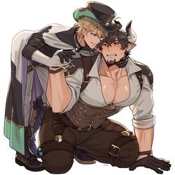  2boys amagosi bara barawa blonde_hair blush brown_gloves brown_hair brown_pants cape chat_noir_(granblue_fantasy) cow_boy cow_horns draph facial_hair gloves goatee granblue_fantasy hat highres holding_hands horns large_pectorals male_focus mature_male multiple_boys muscular muscular_male pants pectoral_cleavage pectorals pointy_ears shirt short_hair smile white_cape white_shirt yaoi 