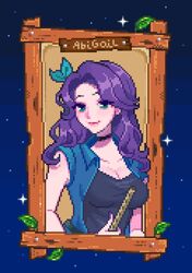  abigail_(stardew_valley) black_choker black_shirt blue_eyes breasts character_name choker cleavage commentary english_commentary female green_eyes highres holding large_breasts leaf mimpish pixel_art purple_hair shirt solo stardew_valley upper_body 