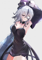  arm_up armpits azur_lane bearn_(azur_lane) bearn_(meta)_(azur_lane) black_dress black_hair black_hat breasts cleavage closed_mouth detached_sleeves dress female grey_background grey_eyes grey_hair hat highres light_blush medium_breasts monocle multicolored_hair riku_amano1018 short_dress simple_background smile solo streaked_hair tilted_headwear top_hat 