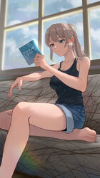  absurdres bare_arms bare_legs barefoot bl-a-ck black_tank_top closed_mouth cloud commentary_request couch denim denim_shorts earclip feet female foot_out_of_frame girls_band_cry grey_eyes highres holding_cd indoors kawaragi_momoka legs light_brown_hair long_hair on_couch ponytail shorts solo tank_top toenails toes translated window 