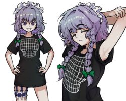  armpit_peek arms_up black_shirt braid commentary english_commentary female grey_eyes grey_hair hands_on_own_hips highres illusion_grid_t-shirt izayoi_sakuya knife long_shirt looking_at_viewer maid maid_headdress multiple_views shirt short_hair short_hair_with_long_locks simple_background smile stirfriedspam stretching thigh_strap throwing_knife touhou twin_braids weapon white_background 