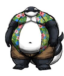  2023 anthro belly big_belly black_body cetacean clothed clothing comerboy75 dolphin hi_res looking_at_viewer male mammal marine moobs navel obese obese_anthro obese_male oceanic_dolphin open_clothing open_shirt open_topwear orca oswald_(comerboy75) overweight overweight_anthro overweight_male shirt simple_background solo standing tail toothed_whale topwear 