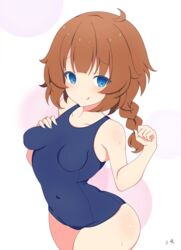  :q ahoge arched_back artist_name assault_lily bare_arms bare_shoulders blue_eyes blue_one-piece_swimsuit blunt_bangs blush braid braided_ponytail breasts brown_hair circle closed_mouth commentary_request covered_navel cowboy_shot female futagawa_fumi hand_on_own_chest hands_up highres long_hair looking_at_viewer misaki_naoe one-piece_swimsuit raised_eyebrows school_swimsuit simple_background single_braid small_breasts smile solo standing sweat swimsuit tongue tongue_out white_background 