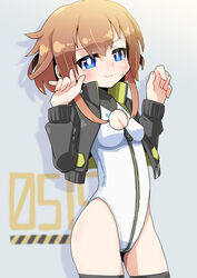  alice_gear_aegis black_jacket black_thighhighs blue_eyes breasts brown_eyes circle_cutout cleavage cleavage_cutout clothing_cutout companion/af covered_collarbone female front_zipper full-length_zipper full_body highleg highleg_leotard highres jacket kanagata_sugumi leotard r_85 race_queen short_hair short_hair_with_long_locks sidelocks sleeveless_turtleneck_leotard small_breasts solo standing thighhighs turtleneck turtleneck_leotard two-tone_leotard w_arms white_leotard zipper zipper_leotard zipper_pull_tab 