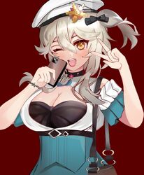  ;d absurdres ahomushi994 bag beret black_bow black_bra blue_skirt blush bow bra bracelet breasts cellphone cleavage cleavage_cutout clothing_cutout commentary_request detached_sleeves female girls&#039;_frontline hair_ornament halterneck handbag hat high-waist_skirt highres holding holding_phone jewelry large_breasts long_hair one_eye_closed open_mouth phone red_background self-upload simple_background skirt smartphone smile solo teeth underwear upper_body upper_teeth_only w white_beret white_hair white_hat yellow_eyes zas_m76_(girls&#039;_frontline) 