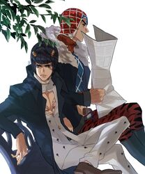  2boys animal_print belt black_hair blue_eyes boots bruno_bucciarati byon cleavage_cutout clothing_cutout coat crop_top crossed_legs fur-trimmed_coat fur_trim guido_mista hair_ornament hat high_collar holding holding_newspaper jojo_no_kimyou_na_bouken leaf long_sleeves male_focus multiple_boys newspaper pectoral_cleavage pectorals short_hair sitting vento_aureo zebra_print 