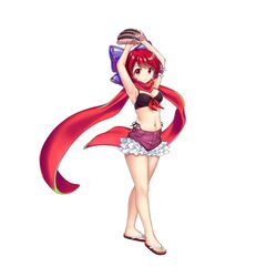  alternate_costume baseball_mitt bikini bikini_under_shorts black_bikini bow breasts cleavage closed_mouth contrapposto female full_body game_cg hairbow highres looking_at_viewer medium_breasts official_art purple_bow red_eyes red_hair red_scarf rotte_(1109) sandals scarf sekibanki sekibanki_(dullahan_on_the_beach) short_hair simple_background solo swimsuit third-party_source touhou touhou_lostword v-shaped_eyebrows white_background 