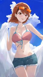  bare_arms bare_shoulders bikini bikini_top_only blue_shorts blue_sky blue_trim blush breasts brown_eyes brown_hair cloud cloudy_sky collarbone commentary cowboy_shot denim denim_shorts earrings eyewear_on_head female front-tie_bikini_top front-tie_top halterneck highres holding holding_towel jewelry konchi_(63438789) looking_at_viewer medium_breasts midriff navel official_alternate_costume orange-tinted_eyewear outdoors parted_lips persona persona_3 pink_bikini short_hair short_shorts shorts sky smile solo stud_earrings sunglasses swimsuit tinted_eyewear towel yukari_takeba 