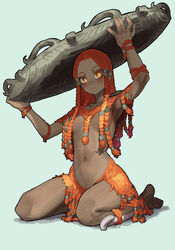  absurdres armpits barefoot braid breasts dark-skinned_female dark_skin ekrea_jan elden_ring female fire_giant_(elden_ring) genderswap_(mtf) highres long_hair medium_breasts navel orange_eyes orange_hair rule_63 simple_background sitting solo stomach wariza 