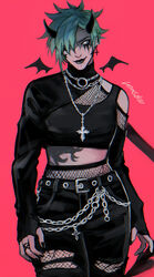  alter_(apex_legends) alternate_costume apex_legends belt black_belt black_lips black_pants black_pantyhose black_shrug black_tank_top chains cross cross_necklace drawn_wings earrings female fishnet_pantyhose fishnets goth_fashion green_hair head_tilt horns jewelry necklace pants pantyhose short_hair shrug_(clothing) smile solo stomach_tattoo tank_top tattoo torn_clothes torn_pants wasabi_(vowsbid) white_eyes 