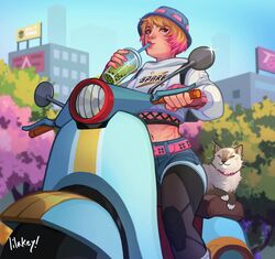  apex_legends belt billboard blonde_hair blue_eyes blue_hat blue_shorts car colored_tips crop_top cropped_hoodie cup drinking_straw drinking_straw_in_mouth female hat highres holding holding_cup hood hoodie lila_(lilakeylk) looking_at_viewer midriff motor_vehicle multicolored_hair navel nikola_(apex_legends) official_alternate_costume pink_belt pink_hair scar scar_on_face scar_on_stomach scooter short_hair shorts smile solo static_trainers_wattson streetwear wattson_(apex_legends) white_hoodie 