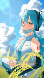  absurdres bananafish1111 bare_shoulders blue_eyes blue_hair blue_nails blue_sky blush breasts cloud detached_sleeves female hatsune_miku hay_fever headset highres long_hair looking_at_viewer mask mask_pull mouth_mask necktie outdoors sky solo tissue_box tissue_in_nose twintails very_long_hair vocaloid 