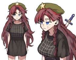  annoyed beret black_shirt blue_eyes braid breasts commentary english_commentary female hat hat_ornament highres hong_meiling illusion_grid_t-shirt knifed long_hair long_shirt medium_breasts messy_hair multiple_views red_hair shirt simple_background star_(symbol) star_hat_ornament stirfriedspam sweat touhou twin_braids white_background 