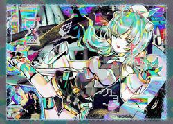  abstract_background ahoge arm_at_side bandeau belt black_belt black_leotard black_shorts blue_eyes border breasts cable collage_background commentary cursor english_commentary female full_body gloves green_hair grey_bandeau halftone hand_up headgear highres hourglass indie_virtual_youtuber itopoid large_breasts leotard loading_icon long_hair looking_at_viewer low_twintails multicolored_socks open_mouth outline photo_background pixelated puffy_shorts short_shorts shorts sleeveless solo thumbs_up_emoji tsukamoto_anabone twintails virtual_youtuber 