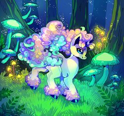  2019 aliasing ambiguous_feral ambiguous_gender blue_eyes bokeh colorful_theme digital_media_(artwork) equid feathering feral fluffy fungus fur galarian_form galarian_ponyta generation_8_pokemon glowing glowing_fungus glowing_mushroom grass hair hooves horn iridescent iridescent_hair iridescent_mane iridescent_tail leaf looking_at_viewer mammal multicolored_hair multicolored_tail mushroom nintendo oekaki outside plant pokemon pokemon_(species) quadruped regional_form_(pokemon) shaded smile solo standing suippupupu tail tree white_body 