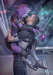  1boy absurdres alien artist_name bald colored_skin commander_shepard commander_shepard_(male) ekaterina_lyubenkova female from_side highres hood hug interspecies lifting_person mass_effect_(series) purple_skin quarian short_sleeves space tali&#039;zorah 