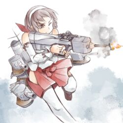  aiming brown_eyes brown_hair brown_ribbon bullpup commentary_request detached_sleeves female firing gun hairband hip_vent kantai_collection natori_(kancolle) ribbon rigging short_hair simple_background smoke solo thighhighs turret weapon white_background white_hairband white_thighhighs yagi_mutsuki 