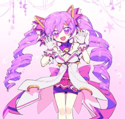  aisha_landar back_bow blush bow breasts buchu14569590 cleavage colorized commentary dimension_witch_(elsword) dress drill_hair elsword female gloves gradient_background hair_ornament hairclip medium_breasts moon purple_eyes purple_hair purple_theme short_dress smile symbol-only_commentary twintails white_gloves 