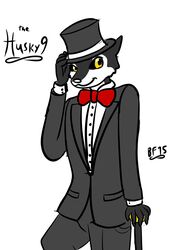  2015 5_fingers anthro battle_fennec biped black_sclera black_tie_(suit) bow_(feature) bow_tie cane canid canine canis clothed clothing digital_media_(artwork) domestic_dog fingers formal fully_clothed hat headgear headwear husky male mammal nordic_sled_dog simple_background smile solo spitz standing suit thehuskyk9 top_hat white_background yellow_eyes 