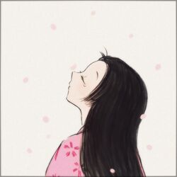  ayu_(mog) bad_id bad_pixiv_id black_hair border cherry_blossoms closed_eyes female japanese_clothes kaguya-hime_no_monogatari kaguya_hime kimono long_hair lowres pink_kimono solo upper_body 