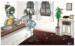  2girls apron book bookshelf chocolate commentary_request curtains dual_persona eyepatch finger_in_own_mouth green_hair hanging_plant head_scarf indoors kai_(akamekogeme) kantai_collection kiso_(kancolle) kitchen_knife ladle milk_carton mixing_bowl multiple_girls night picture_frame plant potted_plant shipyard sink skirt slippers window wooden_floor 