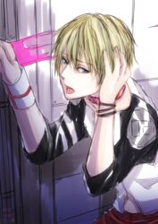  1boy blonde_hair blue_eyes choker drugs earring galerians galerians:_ash headache rion_steiner solo tagme 