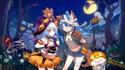  2girls ;d absurdres ahoge animal animal_ear_fluff animal_ears animal_hands arm_up bandaged_head bandaged_leg bandages bare_shoulders bare_tree basket bat_wings bili_girl_22 bili_girl_33 bilibili black_camisole black_cat blue_hair blue_shorts blush bow breasts camisole candy closed_mouth cloud coffin collarbone commentary crescent_moon detached_sleeves facial_mark feline flot food frilled_skirt frills ghost gloves green_jacket hair_between_eyes hair_ornament hairbow halloween halloween_bucket hat highres holding holding_basket holding_candy holding_food holding_lollipop jack-o&#039;-lantern jacket leaning_forward lollipop long_hair midriff moon multiple_girls navel night night_sky oerba_yun_fang one_eye_closed open_clothes open_jacket open_mouth orange_bow orange_skirt outdoors paw_gloves pleated_skirt puffy_short_sleeves puffy_sleeves purple_hat purple_wings red_eyes shirt short_shorts short_sleeves shorts sign skirt sky small_breasts smile standing star_(sky) star_(symbol) starry_sky swirl_lollipop tail tilted_headwear torn_clothes torn_jacket tree white_shirt wings witch_hat wolf_ears wolf_girl wolf_tail wrist_cuffs xiao_dianshi 