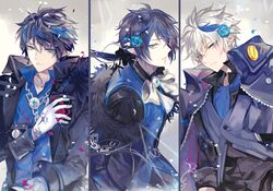  3boys black_hair blue_eyes blue_flower blue_hair blue_rose blue_shirt bow chains ciel_(elsword) coat column_lineup commentary_request dark_blue_hair demon_power_(elsword) dreadlord_(elsword) elsword expressionless flower gloves grey_background hair_flower hair_ornament loble male_focus messy_hair multicolored_hair multiple_boys multiple_persona pointy_ears rose royal_guard_(elsword) shirt streaked_hair two-tone_hair upper_body white_bow white_gloves white_hair 