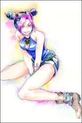  braid bug butterfly butterfly_tattoo cleavage_cutout clothing_cutout commentary_request cone_hair_bun female hair_bun jojo_no_kimyou_na_bouken kujo_jolyne lipstick makeup painting_(medium) short_shorts shorts solo stone_ocean tattoo traditional_media watercolor_(medium) yokozawa_(pyu-tohuku) 