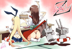  2girls akagi_(kancolle) ass assisted_exposure ayuhara_hiiro bad_id bad_pixiv_id black_panties blonde_hair blush brown_hair chopsticks eating elbow_gloves food gloves hairband highleg highleg_panties japanese_clothes kantai_collection lifebuoy long_hair microskirt multiple_girls ohitsu panties pleated_skirt rensouhou-chan rice seiza shimakaze_(kancolle) sitting skirt striped_clothes striped_thighhighs swim_ring tabi thighhighs thong underwear wariza white_gloves white_legwear 