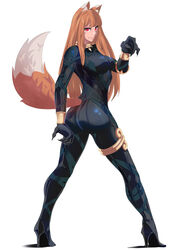  animal_ears ass black_panther_(marvel) black_panther_(marvel)_(cosplay) bodysuit breasts brown_hair claws commentary commission cosplay female high_heels holo long_hair marvel medium_breasts nonanni parted_lips red_eyes solo spice_and_wolf standing tail wolf_ears wolf_girl wolf_tail 