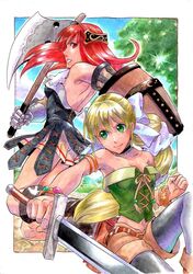  2girls black_choker blonde_hair breasts choker cleavage collarbone commentary_request green_eyes long_hair looking_at_viewer medium_breasts multi-tied_hair multiple_girls pantyhose ponytail primiera_(saga) red_hair ribbon saga saga_frontier_2 sio2_(nisankakeiso) smile standing sword very_long_hair virginia_knights weapon 