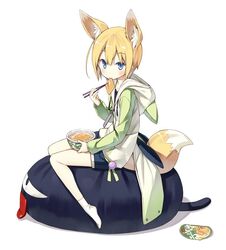  aburaage alternate_color animal_ear_fluff animal_ears blonde_hair blue_eyes bowl chopsticks commentary_request cup_ramen cushion eating extra_ears female food fox_ears fox_tail hood hood_down hoodie instant_udon kitsune_udon kuroino_(poco) looking_at_viewer maruchan_akai_kitsune_udon original poco_(asahi_age) shiratama_kitsune short_hair short_shorts shorts simple_background sitting socks solo tail white_background 