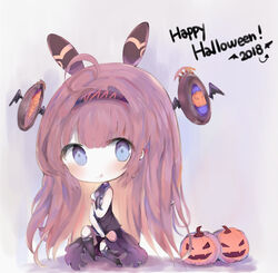  2018 :p ahoge bad_id bad_pixiv_id bare_arms bare_shoulders big_head black_thighhighs black_vest black_wings blue_eyes blush bow candy chibi closed_mouth commentary cottontailtokki female food hair_between_eyes halloween happy_halloween highres holding holding_candy holding_food holding_lollipop jack-o&#039;-lantern lishenna_omen_of_destruction lollipop long_hair purple_bow purple_footwear purple_skirt red_hair shadowverse shirt shoes skirt sleeveless sleeveless_shirt smile solo swirl_lollipop thighhighs tongue tongue_out very_long_hair vest white_shirt wings 