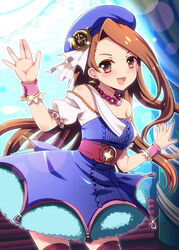  bad_id bad_pixiv_id brown_eyes brown_hair dress earrings female hat idolmaster idolmaster_(classic) jewelry kumao_mofumofu long_hair looking_at_viewer minase_iori necklace open_mouth palace_of_dragon_(idolmaster) ryuuguu_komachi_(idolmaster) solo sparkle strapless strapless_dress thighhighs wristband 