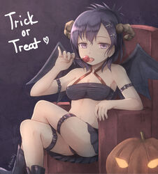  armchair black_footwear black_panties black_skirt blush boots breasts candy chair cleavage collarbone commentary crop_top crossed_legs curled_horns demon_girl demon_wings english_commentary female food gabriel_dropout hair_between_eyes hair_ornament hairclip hallelujah_essaim halloween highres hikari_niji holding holding_candy holding_food holding_lollipop horns jack-o&#039;-lantern leg_belt licking lollipop looking_at_viewer medium_breasts midriff navel o-ring o-ring_top panties photoshop_(medium) pleated_skirt purple_eyes purple_hair sitting skirt solo tongue tongue_out trick_or_treat twitter_username underwear vignette_tsukinose_april wings x_hair_ornament 