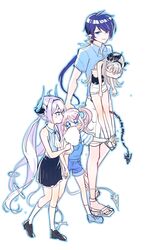  1boy 3girls alternate_costume bad_id bad_twitter_id blue_eyes blue_hair blue_horns blush_stickers carrying chiliarch_(elsword) ciel_(elsword) collared_shirt demon_girl demon_tail diabla_(elsword) earrings elsword highres horns jewelry luciela_r._sourcream mellchi multiple_girls multiple_persona noblesse_(elsword) ponytail royal_guard_(elsword) shirt shorts skirt symbol-shaped_pupils tail twintails white_hair 