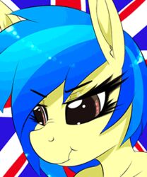  5:6 animated blue_hair equid equine fan_character female flag frown fur hair half-closed_eyes hasbro horse low_res mammal multicolored_hair my_little_pony narrowed_eyes pony replica_(artist) scrunchy_face short_playtime silvia_windmane solo two_tone_hair vibrating yellow_body yellow_fur 