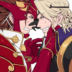  2boys armor blonde_hair brown_hair fire_emblem fire_emblem_if long_hair male_focus marx_(fire_emblem_if) multiple_boys rivals ryouma_(fire_emblem_if) sweat u-kumakichi u_(lastcrime) 